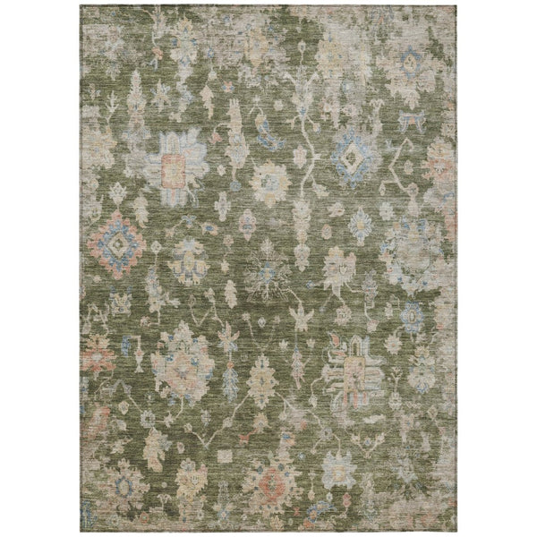 HomeRoots 5' Floral Washable Area Rug - Olive Green, Beige & Blue - Durable for Indoor/Outdoor Use, Easy Care! 688616