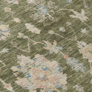 HomeRoots 5' Floral Washable Area Rug - Olive Green, Beige & Blue - Durable for Indoor/Outdoor Use, Easy Care! 688616