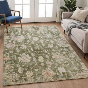 HomeRoots 5' Floral Washable Area Rug - Olive Green, Beige & Blue - Durable for Indoor/Outdoor Use, Easy Care! 688616