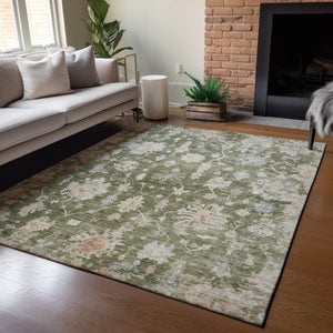 HomeRoots 5' Floral Washable Area Rug - Olive Green, Beige & Blue - Durable for Indoor/Outdoor Use, Easy Care! 688616