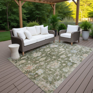 HomeRoots 5' Floral Washable Area Rug - Olive Green, Beige & Blue - Durable for Indoor/Outdoor Use, Easy Care! 688616