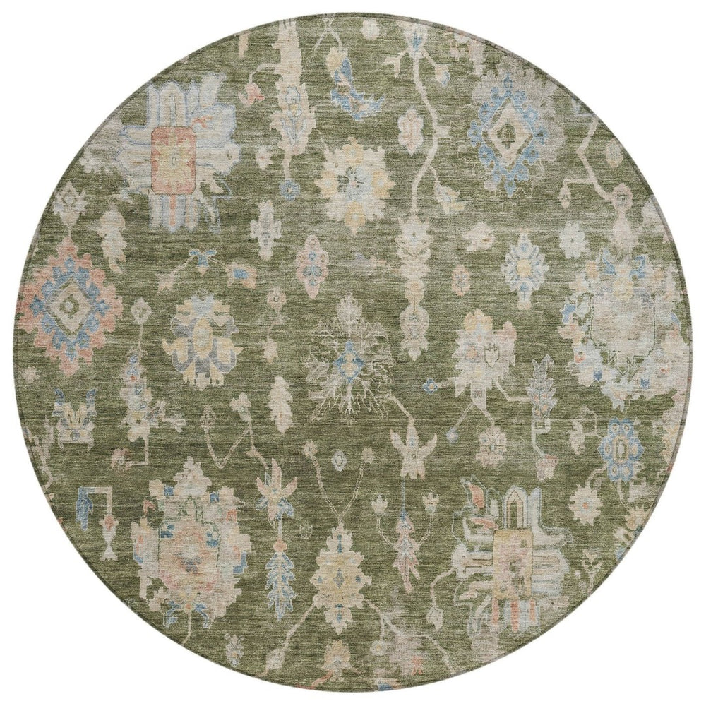 HomeRoots 8' Timeless Floral Round Area Rug - Olive Green, Beige & Blue Washable for Indoor/Outdoor Spaces 688617