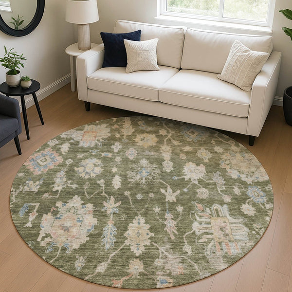 HomeRoots 8' Timeless Floral Round Area Rug - Olive Green, Beige & Blue Washable for Indoor/Outdoor Spaces 688617