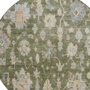 HomeRoots 8' Timeless Floral Round Area Rug - Olive Green, Beige & Blue Washable for Indoor/Outdoor Spaces 688617