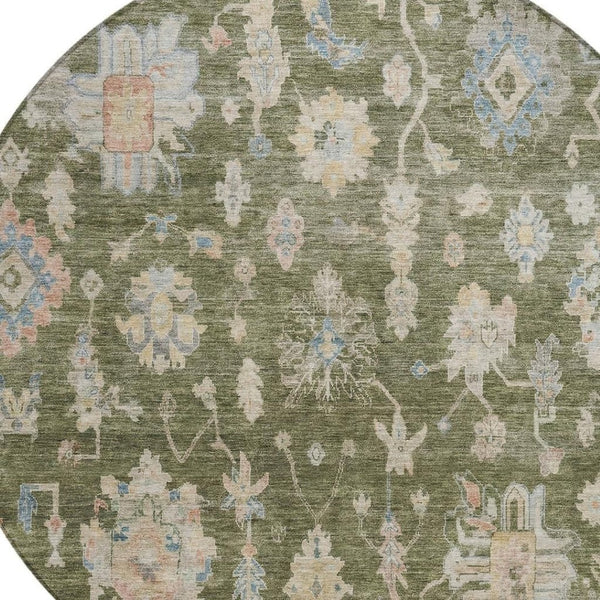 HomeRoots 8' Timeless Floral Round Area Rug - Olive Green, Beige & Blue Washable for Indoor/Outdoor Spaces 688617