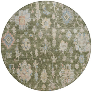 HomeRoots 8' Timeless Floral Round Area Rug - Olive Green, Beige & Blue Washable for Indoor/Outdoor Spaces 688617