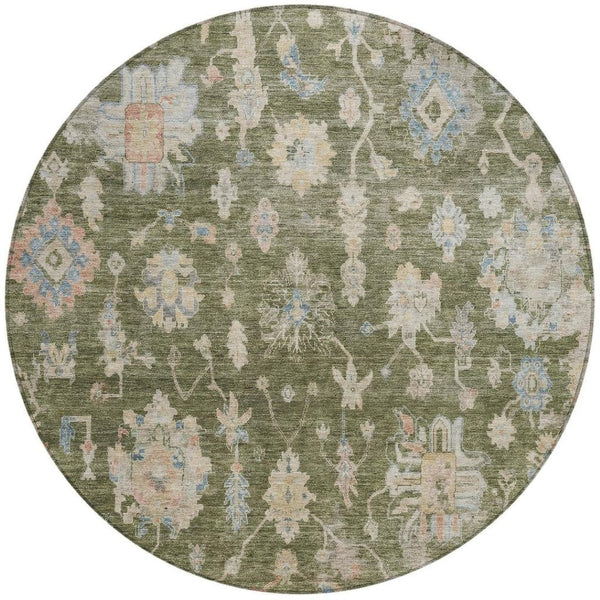 HomeRoots 8' Timeless Floral Round Area Rug - Olive Green, Beige & Blue Washable for Indoor/Outdoor Spaces 688617