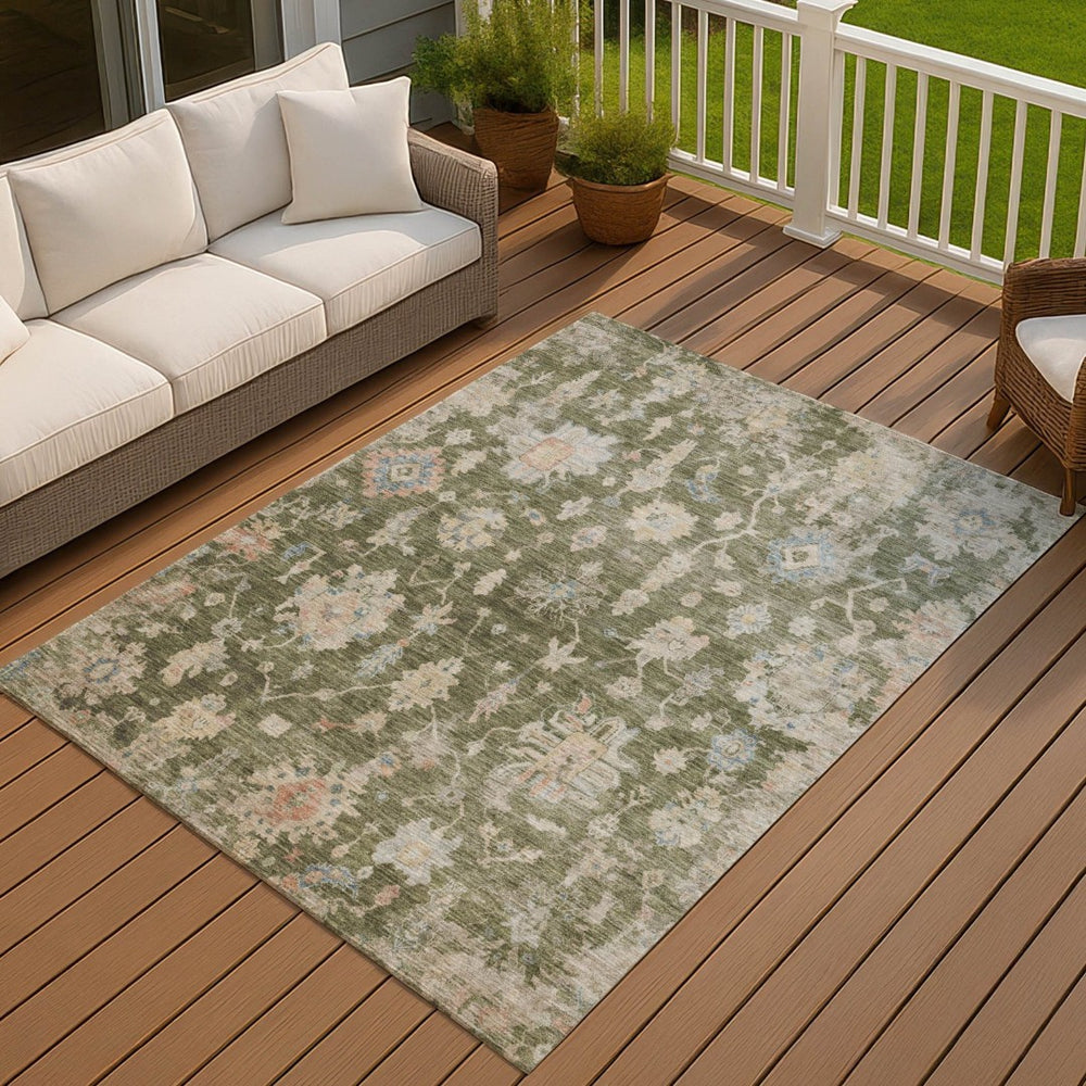 HomeRoots 8' X 10' Stylish Washable Floral Area Rug - Olive Green, Beige & Blue for Indoor/Outdoor Use! 688618