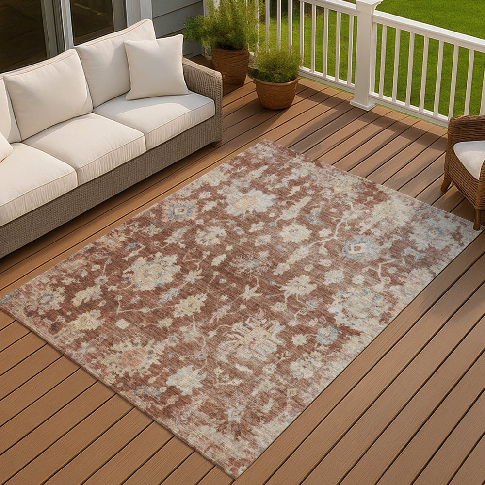 HomeRoots 5' X 8' Stylish Rust Beige & Blue Floral Area Rug - Washable, Durable for Indoor & Outdoor Use! 688622