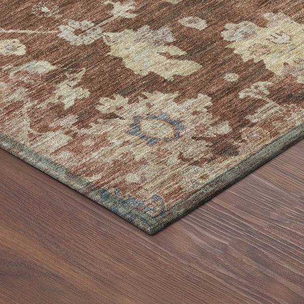 HomeRoots 5' X 8' Stylish Rust Beige & Blue Floral Area Rug - Washable, Durable for Indoor & Outdoor Use! 688622