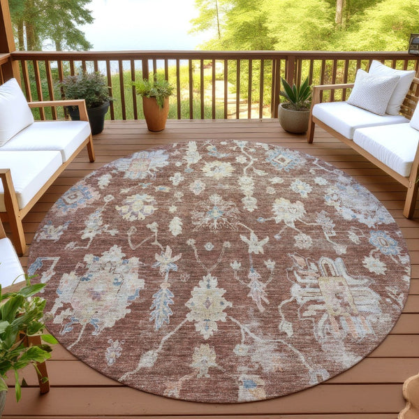 HomeRoots 8' Round Floral Area Rug in Rust, Beige & Blue – Washable, Non-Slip, Ideal for Indoor & Outdoor Spaces 688623