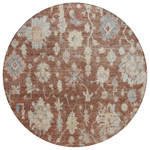 HomeRoots 8' Round Floral Area Rug in Rust, Beige & Blue – Washable, Non-Slip, Ideal for Indoor & Outdoor Spaces 688623