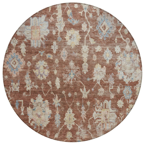 HomeRoots 8' Round Floral Area Rug in Rust, Beige & Blue – Washable, Non-Slip, Ideal for Indoor & Outdoor Spaces 688623