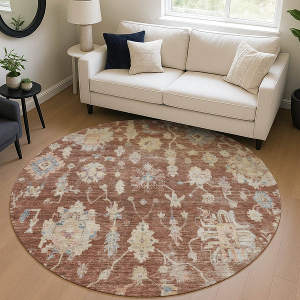 HomeRoots 8' Round Floral Area Rug in Rust, Beige & Blue – Washable, Non-Slip, Ideal for Indoor & Outdoor Spaces 688623
