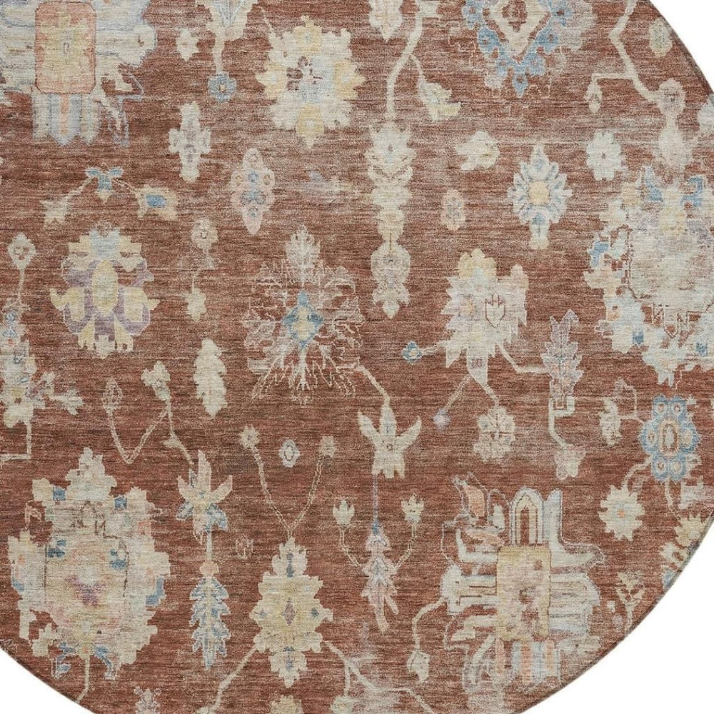HomeRoots 8' Round Floral Area Rug in Rust, Beige & Blue – Washable, Non-Slip, Ideal for Indoor & Outdoor Spaces 688623