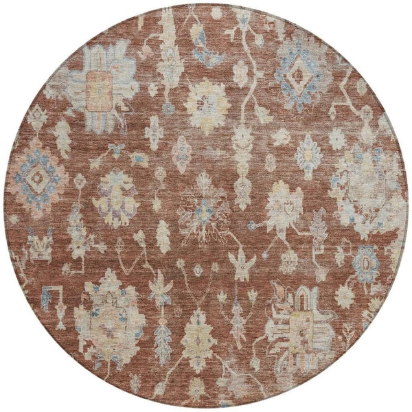 HomeRoots 8' Round Floral Area Rug in Rust, Beige & Blue – Washable, Non-Slip, Ideal for Indoor & Outdoor Spaces 688623