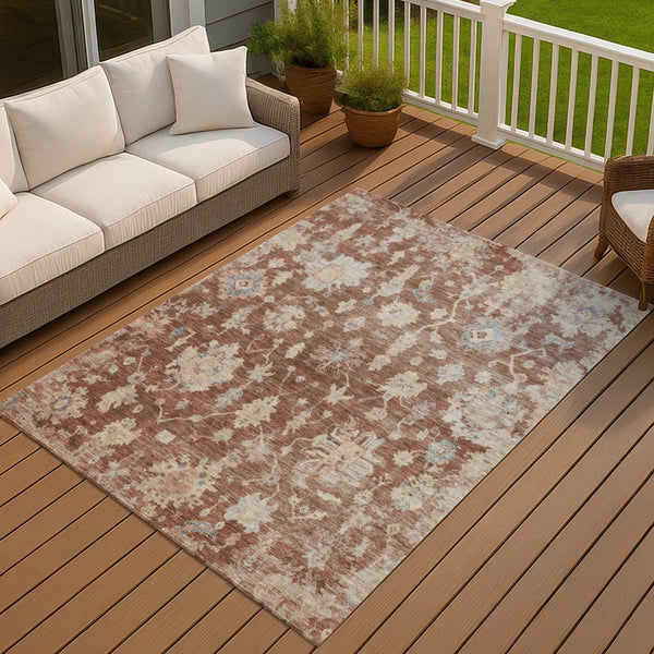 HomeRoots 10' Elegant Rust Beige & Blue Floral Area Rug – Washable, Durable Design for Indoor & Outdoor Use 688626