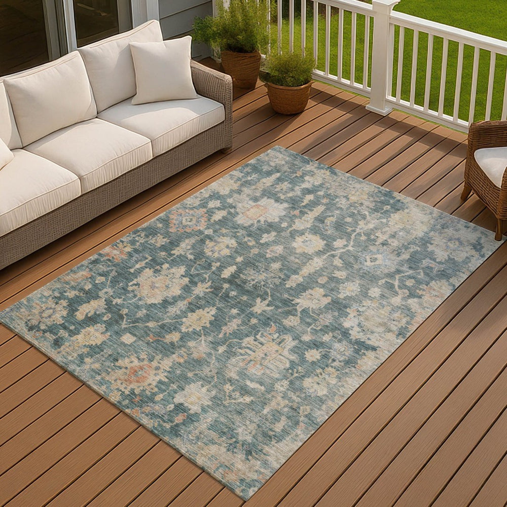 HomeRoots 5' X 8' Teal Blue Beige Gold Floral Washable Rug – Durable, Stylish Indoor/Outdoor Area Rug for All Spaces 688628