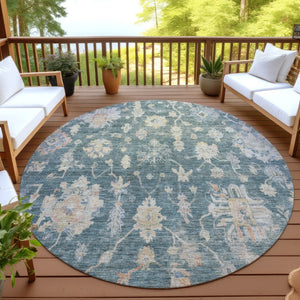 HomeRoots 8' Teal Blue Beige and Gold Round Floral Area Rug - Washable, Durable for Indoor & Outdoor Use 688629