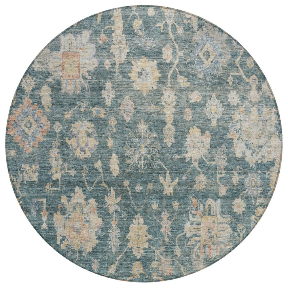 HomeRoots 8' Teal Blue Beige and Gold Round Floral Area Rug - Washable, Durable for Indoor & Outdoor Use 688629