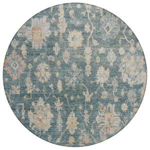 HomeRoots 8' Teal Blue Beige and Gold Round Floral Area Rug - Washable, Durable for Indoor & Outdoor Use 688629