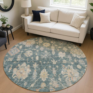 HomeRoots 8' Teal Blue Beige and Gold Round Floral Area Rug - Washable, Durable for Indoor & Outdoor Use 688629