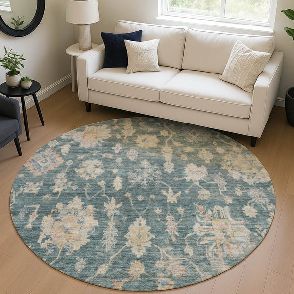 HomeRoots 8' Teal Blue Beige and Gold Round Floral Area Rug - Washable, Durable for Indoor & Outdoor Use 688629