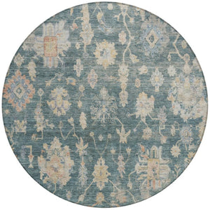HomeRoots 8' Teal Blue Beige and Gold Round Floral Area Rug - Washable, Durable for Indoor & Outdoor Use 688629