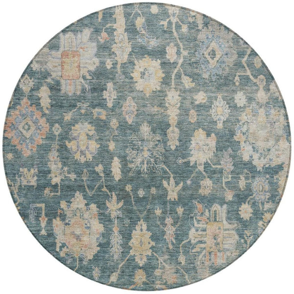 HomeRoots 8' Teal Blue Beige and Gold Round Floral Area Rug - Washable, Durable for Indoor & Outdoor Use 688629