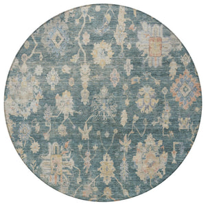 HomeRoots 8' Teal Blue Beige and Gold Round Floral Area Rug - Washable, Durable for Indoor & Outdoor Use 688629