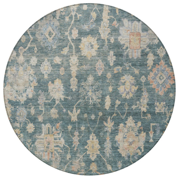 HomeRoots 8' Teal Blue Beige and Gold Round Floral Area Rug - Washable, Durable for Indoor & Outdoor Use 688629