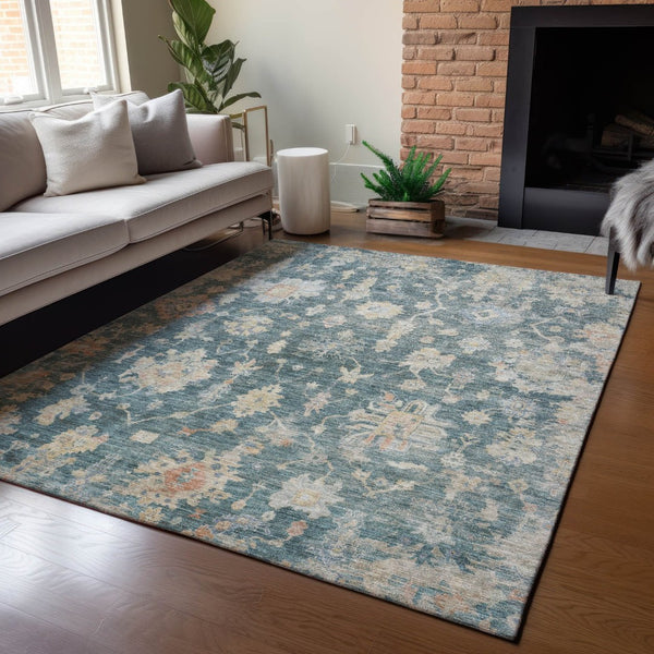 HomeRoots 9' X 12' Teal Floral Indoor Outdoor Rug - Durable, Washable, Stain-Resistant for All Spaces! 688631
