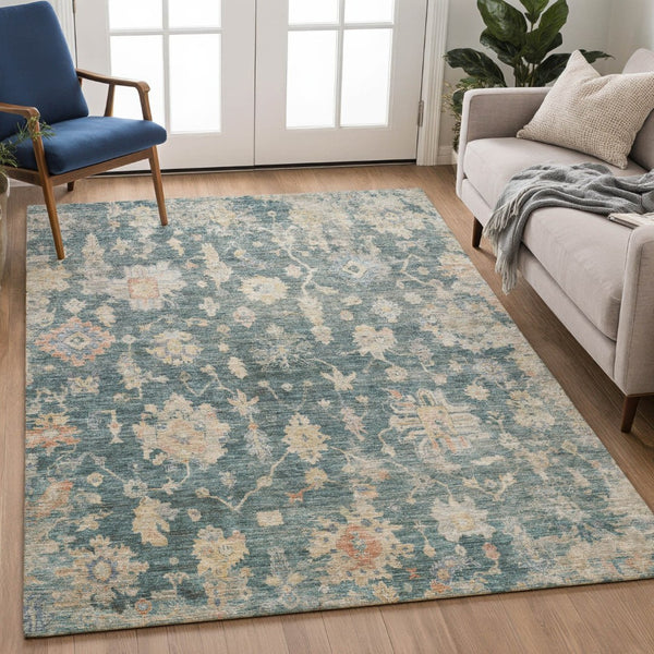 HomeRoots 10' Teal Blue, Beige & Gold Floral Washable Area Rug – Durable Design for Indoor & Outdoor Spaces 688632