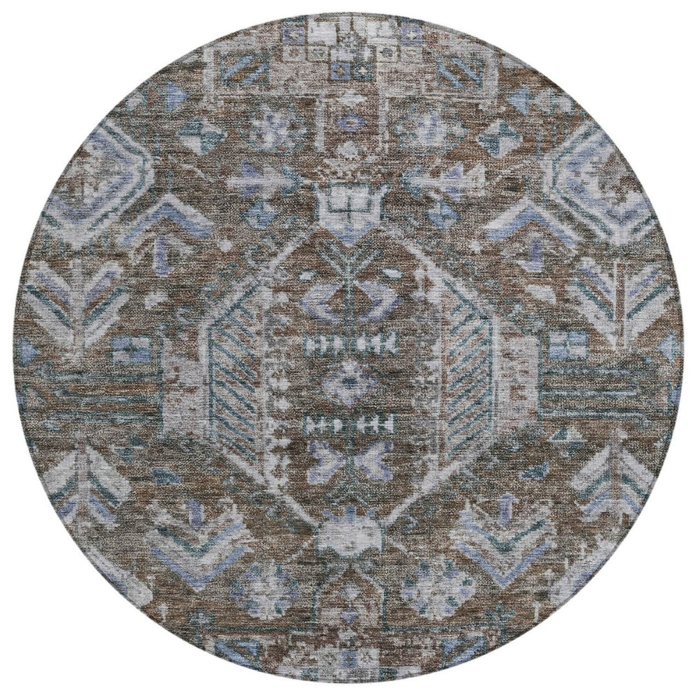 HomeRoots 8' Round Medallion Area Rug in Chocolate & Denim Blue – Washable, Durable, Indoor/Outdoor Style! 688635