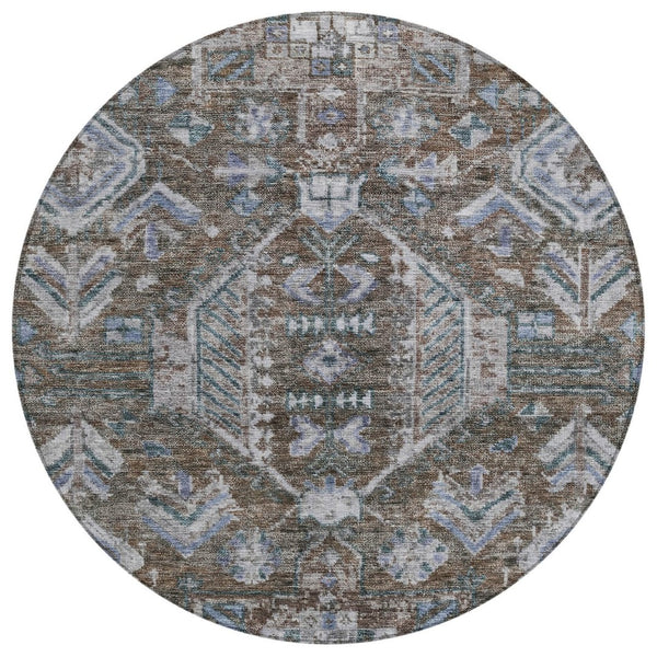 HomeRoots 8' Round Medallion Area Rug in Chocolate & Denim Blue – Washable, Durable, Indoor/Outdoor Style! 688635