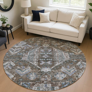HomeRoots 8' Round Medallion Area Rug in Chocolate & Denim Blue – Washable, Durable, Indoor/Outdoor Style! 688635