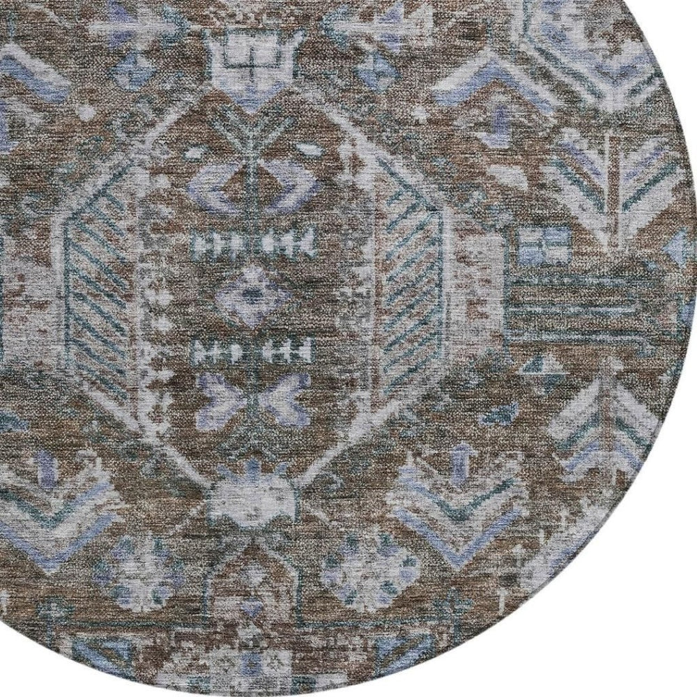 HomeRoots 8' Round Medallion Area Rug in Chocolate & Denim Blue – Washable, Durable, Indoor/Outdoor Style! 688635