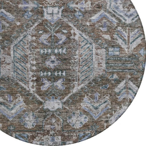 HomeRoots 8' Round Medallion Area Rug in Chocolate & Denim Blue – Washable, Durable, Indoor/Outdoor Style! 688635