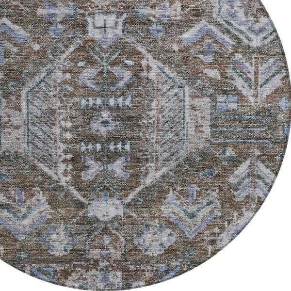 HomeRoots 8' Round Medallion Area Rug in Chocolate & Denim Blue – Washable, Durable, Indoor/Outdoor Style! 688635