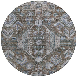 HomeRoots 8' Round Medallion Area Rug in Chocolate & Denim Blue – Washable, Durable, Indoor/Outdoor Style! 688635