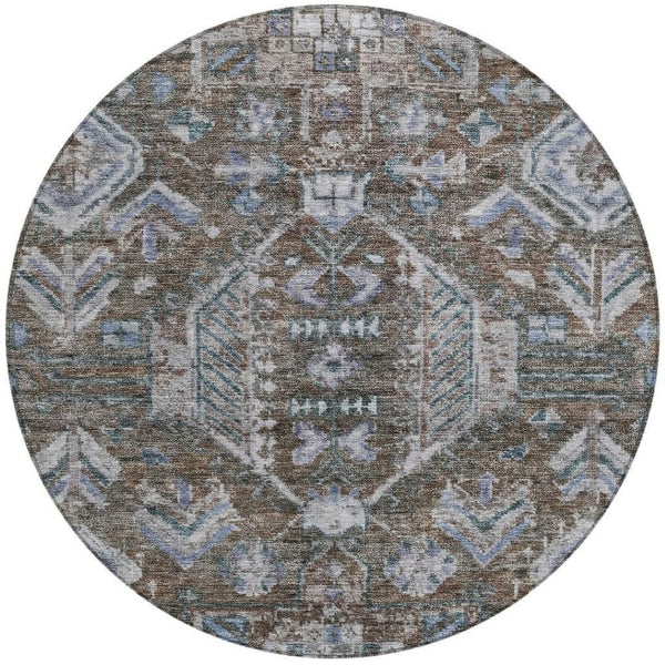HomeRoots 8' Round Medallion Area Rug in Chocolate & Denim Blue – Washable, Durable, Indoor/Outdoor Style! 688635