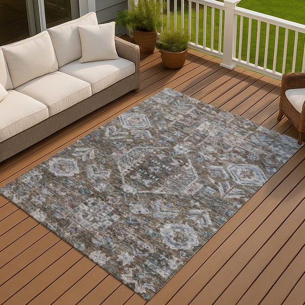 HomeRoots 8' X 10' Medallion Washable Rug in Chocolate & Denim Blue - Perfect for Indoor & Outdoor Use! 688636