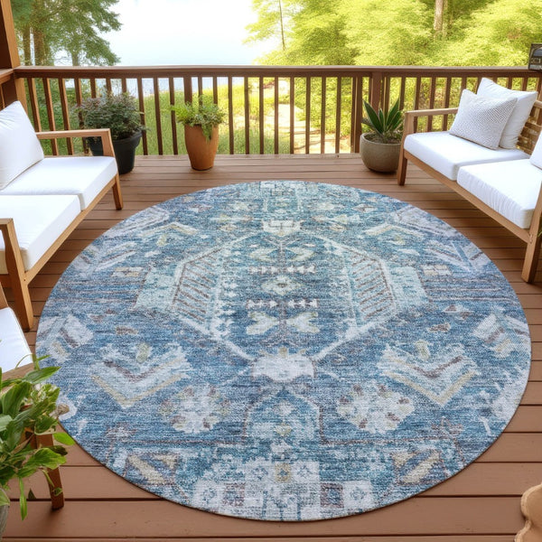 HomeRoots 8' Denim Blue Round Medallion Washable Area Rug – Durable Indoor/Outdoor Design for High-Traffic Spaces 688641