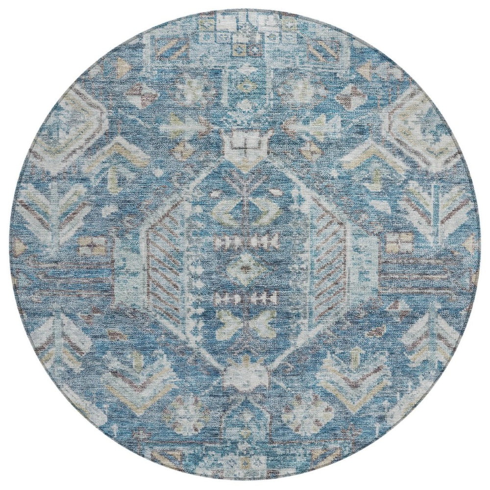 HomeRoots 8' Denim Blue Round Medallion Washable Area Rug – Durable Indoor/Outdoor Design for High-Traffic Spaces 688641