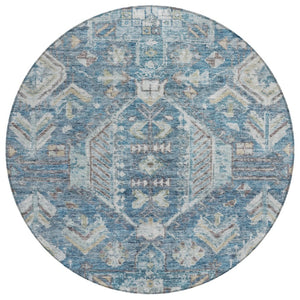 HomeRoots 8' Denim Blue Round Medallion Washable Area Rug – Durable Indoor/Outdoor Design for High-Traffic Spaces 688641