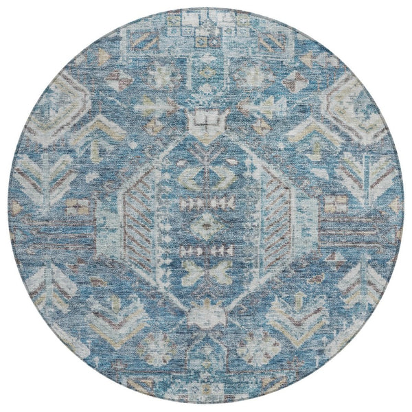 HomeRoots 8' Denim Blue Round Medallion Washable Area Rug – Durable Indoor/Outdoor Design for High-Traffic Spaces 688641