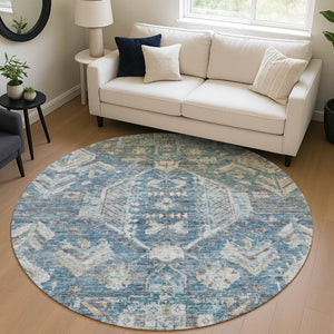 HomeRoots 8' Denim Blue Round Medallion Washable Area Rug – Durable Indoor/Outdoor Design for High-Traffic Spaces 688641