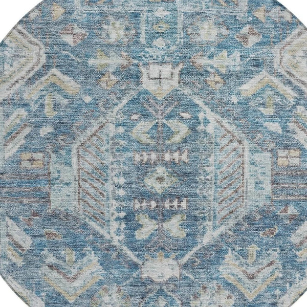 HomeRoots 8' Denim Blue Round Medallion Washable Area Rug – Durable Indoor/Outdoor Design for High-Traffic Spaces 688641