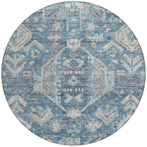 HomeRoots 8' Denim Blue Round Medallion Washable Area Rug – Durable Indoor/Outdoor Design for High-Traffic Spaces 688641
