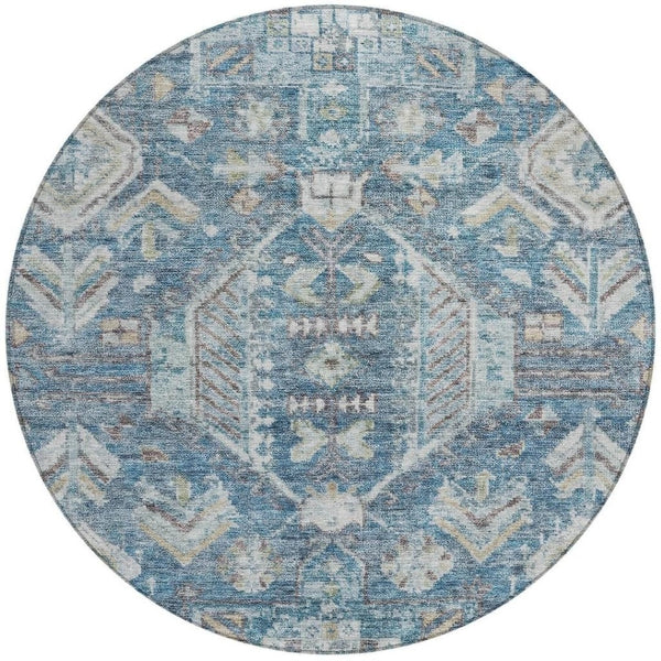 HomeRoots 8' Denim Blue Round Medallion Washable Area Rug – Durable Indoor/Outdoor Design for High-Traffic Spaces 688641